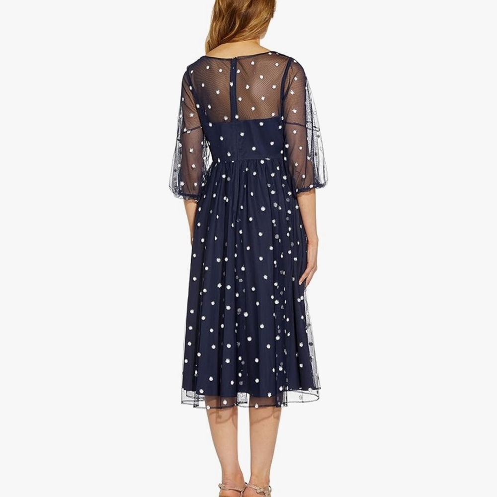 Navy With White/Glitter Polka Dots Mesh Midi Dress - Elegant Women's Party Dress - Picture 3 of 13